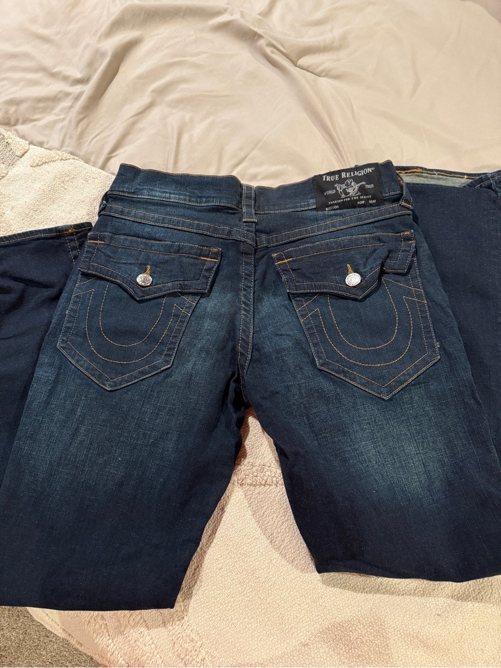 True Religion Dark Blue Ricky Relaxed Jeans with Signature Pockets